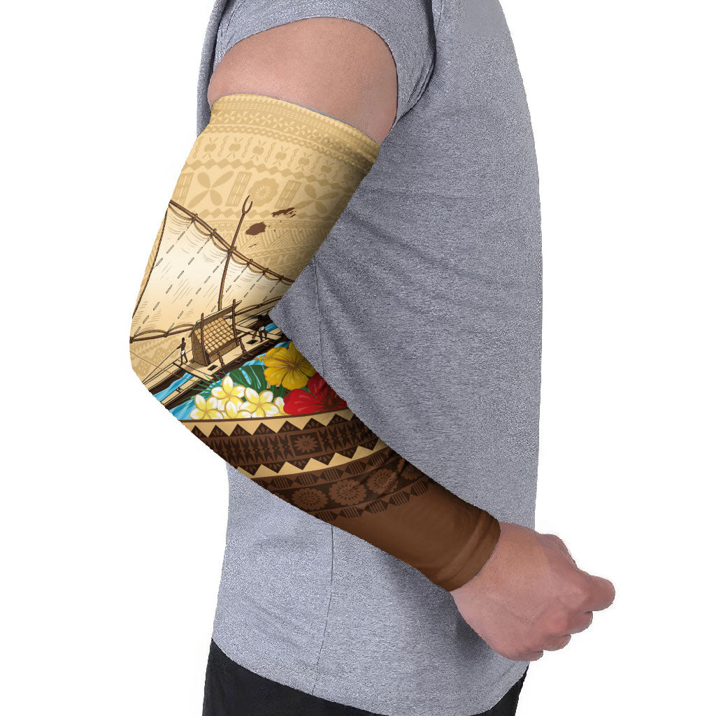 Personalised Bula Vinaka Fiji Drua Arm Sleeves Fijian Traditional Canoe Tapa Cloth Beige LT14 - Polynesian Pride
