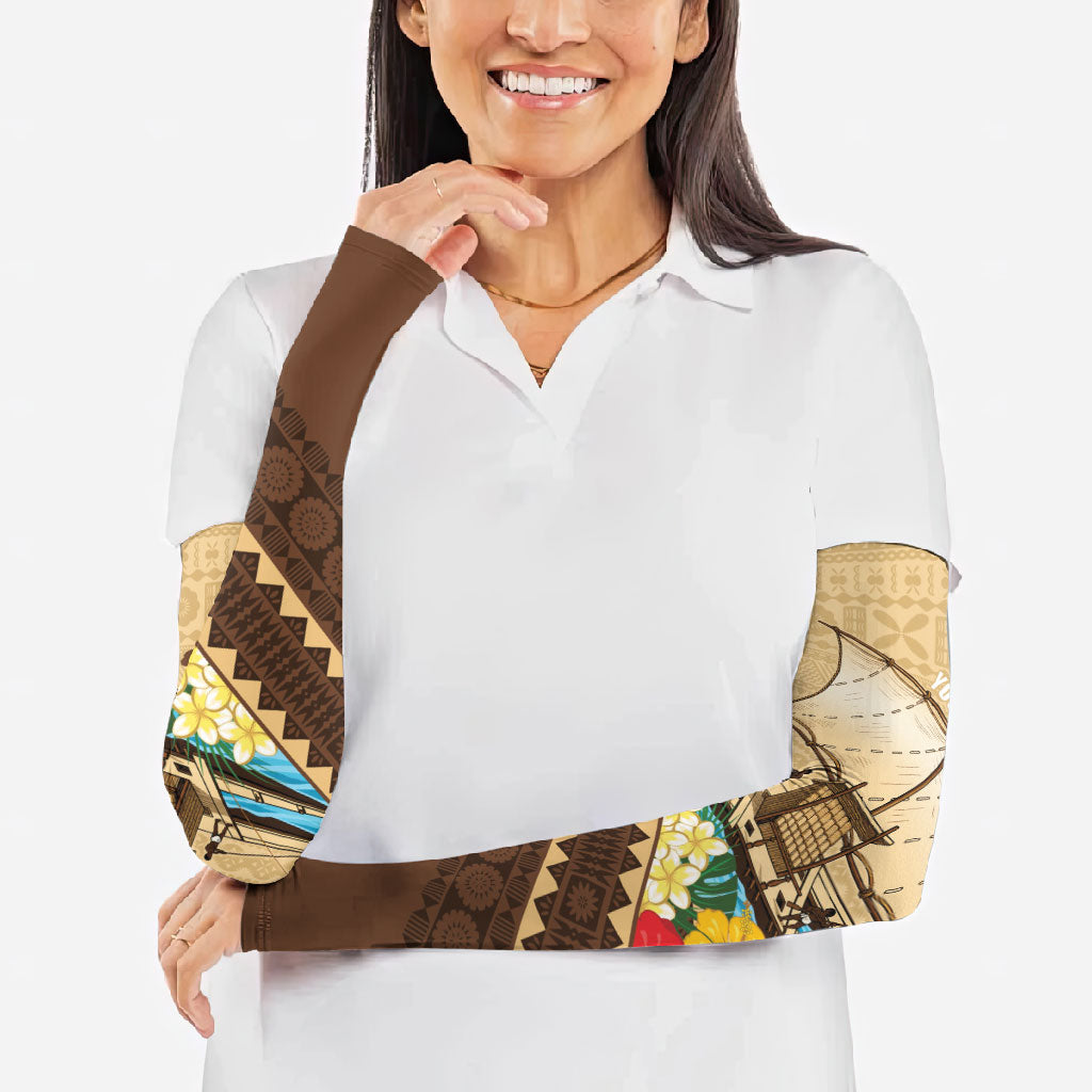 Personalised Bula Vinaka Fiji Drua Arm Sleeves Fijian Traditional Canoe Tapa Cloth Beige LT14 - Polynesian Pride