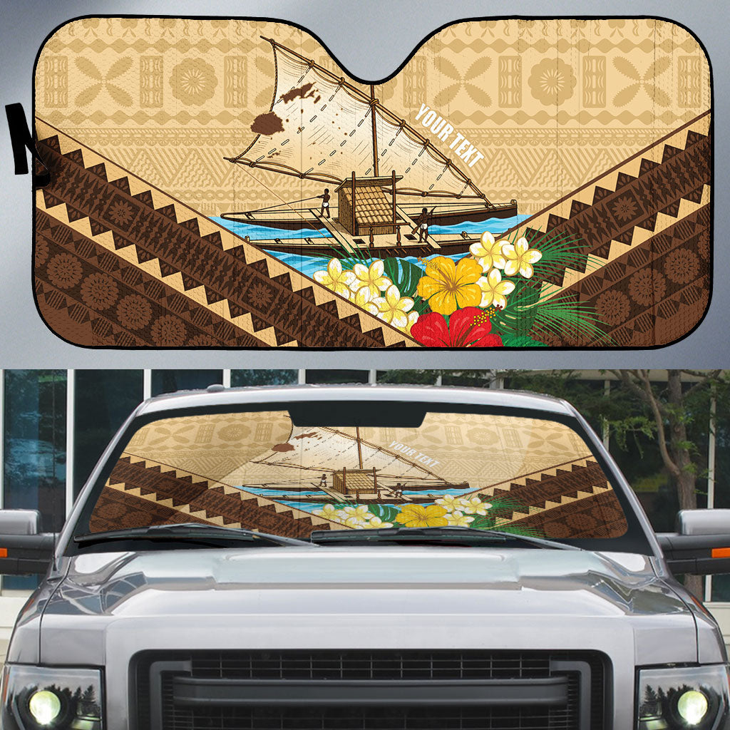 Personalised Bula Vinaka Fiji Drua Auto Sun Shade Fijian Traditional Canoe Tapa Cloth Beige LT14 Beige - Polynesian Pride
