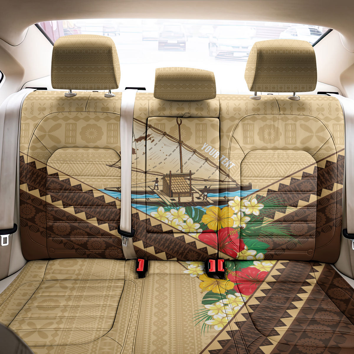Personalised Bula Vinaka Fiji Drua Back Car Seat Cover Fijian Traditional Canoe Tapa Cloth Beige LT14 - Polynesian Pride