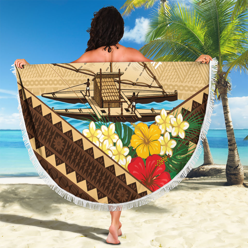 Personalised Bula Vinaka Fiji Drua Beach Blanket Fijian Traditional Canoe Tapa Cloth Beige LT14 - Polynesian Pride