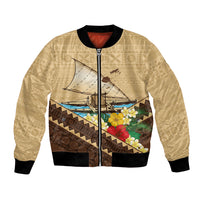 Personalised Bula Vinaka Fiji Drua Bomber Jacket Fijian Traditional Canoe Tapa Cloth Beige LT14 Unisex Beige - Polynesian Pride