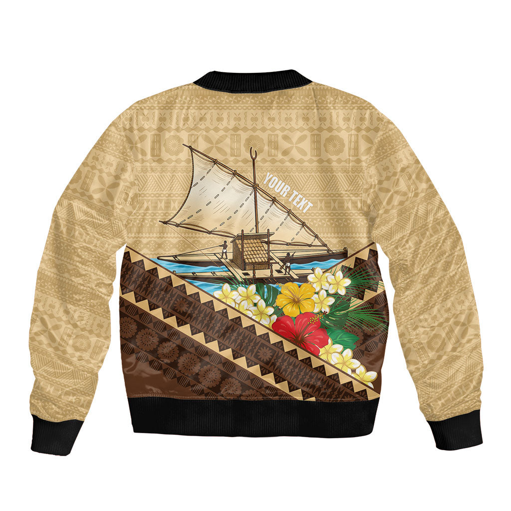 Personalised Bula Vinaka Fiji Drua Bomber Jacket Fijian Traditional Canoe Tapa Cloth Beige LT14 - Polynesian Pride