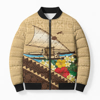 Personalised Bula Vinaka Fiji Drua Bomber Puffer Jacket Fijian Traditional Canoe Tapa Cloth Beige LT14 Unisex Beige - Polynesian Pride