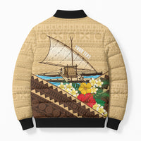 Personalised Bula Vinaka Fiji Drua Bomber Puffer Jacket Fijian Traditional Canoe Tapa Cloth Beige LT14 - Polynesian Pride