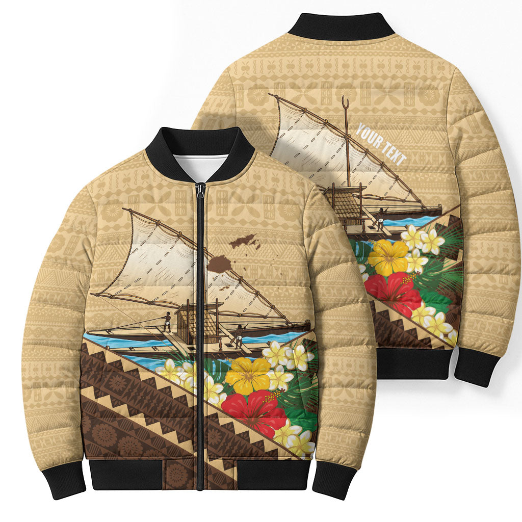 Personalised Bula Vinaka Fiji Drua Bomber Puffer Jacket Fijian Traditional Canoe Tapa Cloth Beige LT14 - Polynesian Pride