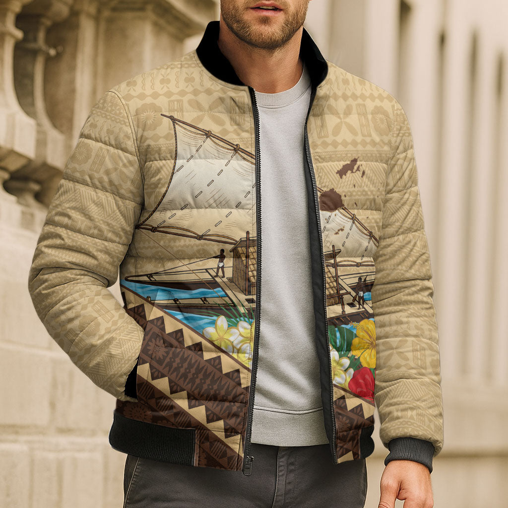 Personalised Bula Vinaka Fiji Drua Bomber Puffer Jacket Fijian Traditional Canoe Tapa Cloth Beige LT14 - Polynesian Pride