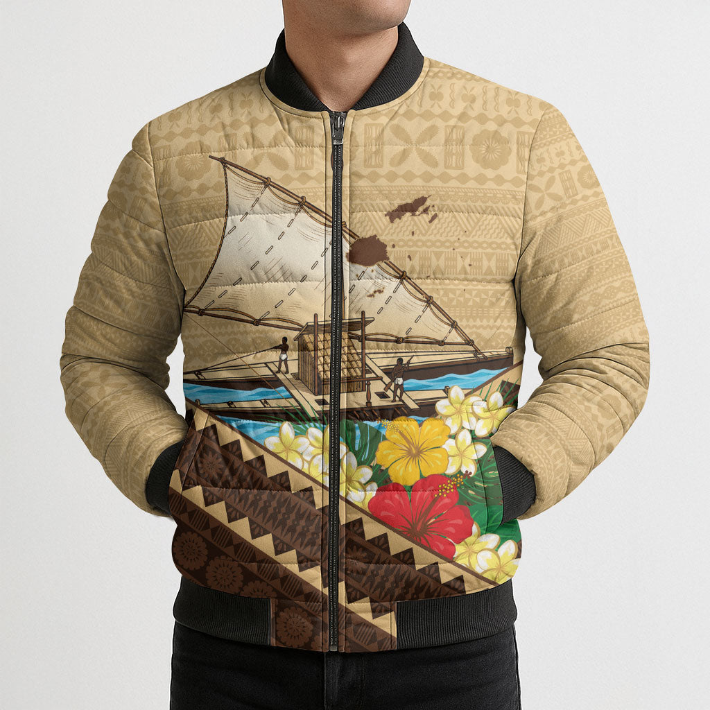 Personalised Bula Vinaka Fiji Drua Bomber Puffer Jacket Fijian Traditional Canoe Tapa Cloth Beige LT14 - Polynesian Pride