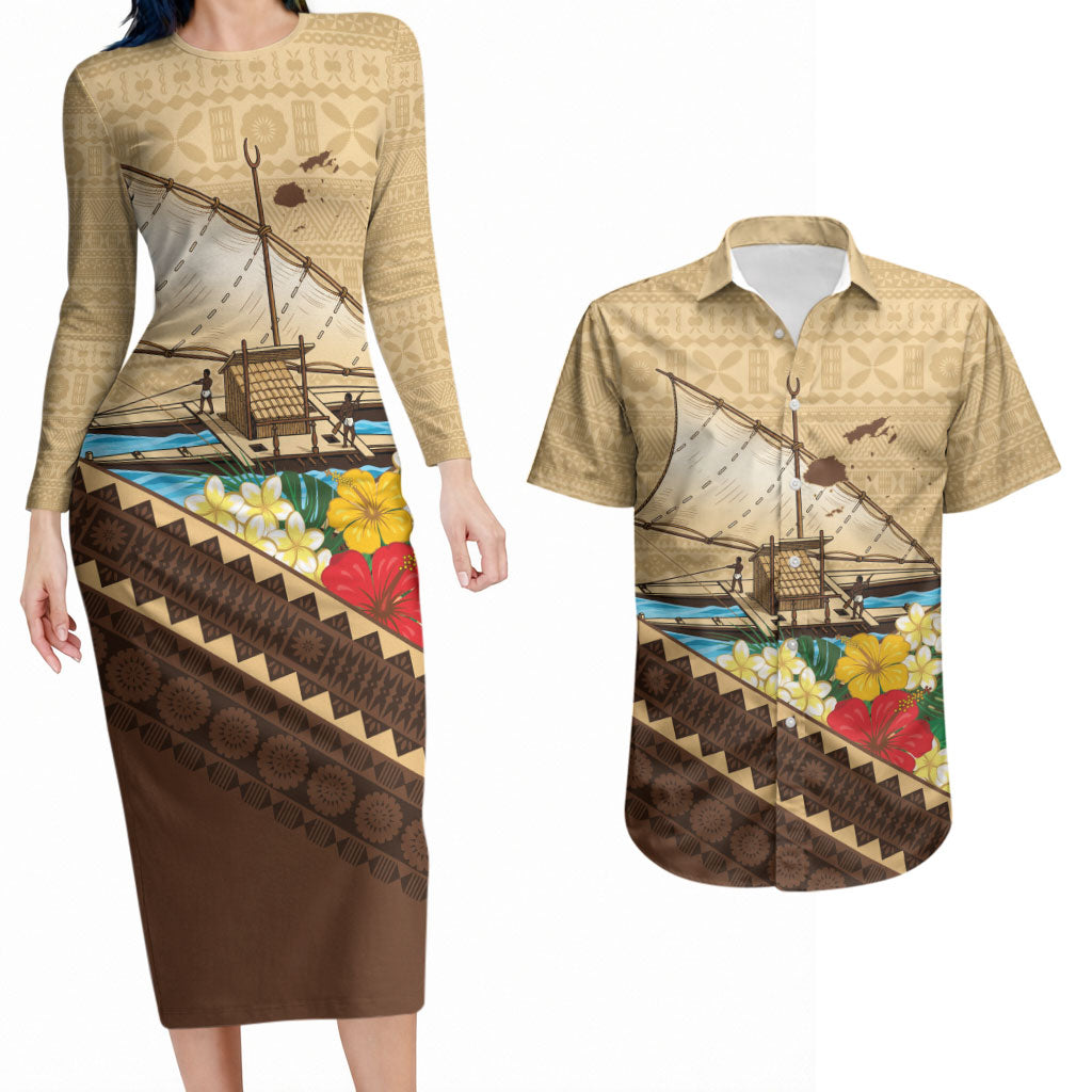 Personalised Bula Vinaka Fiji Drua Couples Matching Long Sleeve Bodycon Dress and Hawaiian Shirt Fijian Traditional Canoe Tapa Cloth Beige LT14 Beige - Polynesian Pride