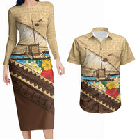 Personalised Bula Vinaka Fiji Drua Couples Matching Long Sleeve Bodycon Dress and Hawaiian Shirt Fijian Traditional Canoe Tapa Cloth Beige LT14 Beige - Polynesian Pride