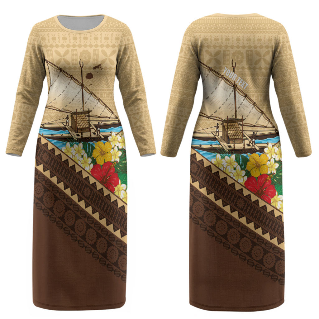 Personalised Bula Vinaka Fiji Drua Couples Matching Long Sleeve Bodycon Dress and Hawaiian Shirt Fijian Traditional Canoe Tapa Cloth Beige LT14 - Polynesian Pride