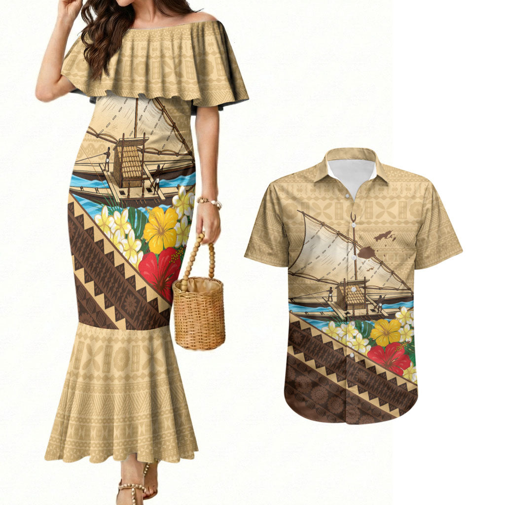 Personalised Bula Vinaka Fiji Drua Couples Matching Mermaid Dress and Hawaiian Shirt Fijian Traditional Canoe Tapa Cloth Beige
