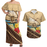 Personalised Bula Vinaka Fiji Drua Couples Matching Off Shoulder Maxi Dress and Hawaiian Shirt Fijian Traditional Canoe Tapa Cloth Beige LT14 Beige - Polynesian Pride
