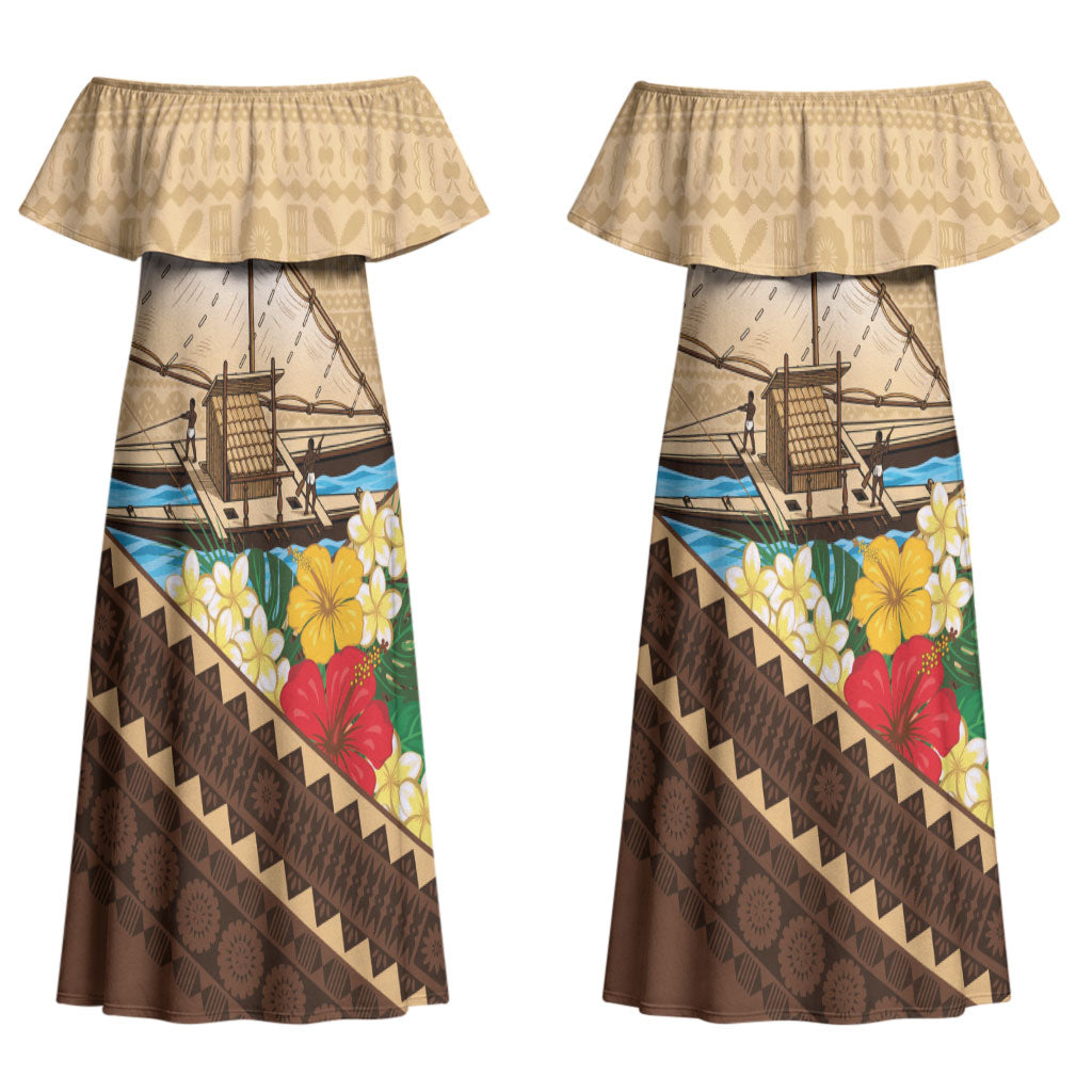 Personalised Bula Vinaka Fiji Drua Couples Matching Off Shoulder Maxi Dress and Hawaiian Shirt Fijian Traditional Canoe Tapa Cloth Beige LT14 - Polynesian Pride