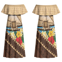 Personalised Bula Vinaka Fiji Drua Couples Matching Off Shoulder Maxi Dress and Hawaiian Shirt Fijian Traditional Canoe Tapa Cloth Beige LT14 - Polynesian Pride