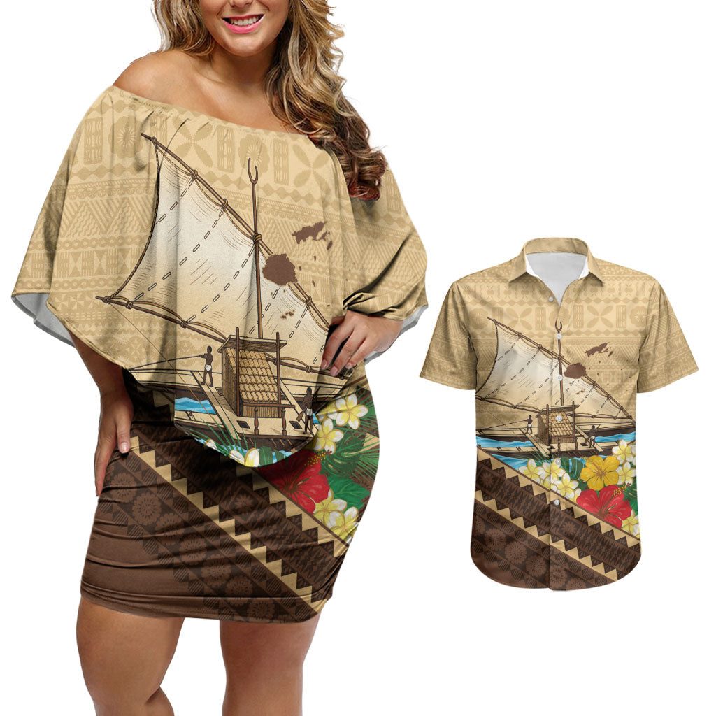 Personalised Bula Vinaka Fiji Drua Couples Matching Off Shoulder Short Dress and Hawaiian Shirt Fijian Traditional Canoe Tapa Cloth Beige