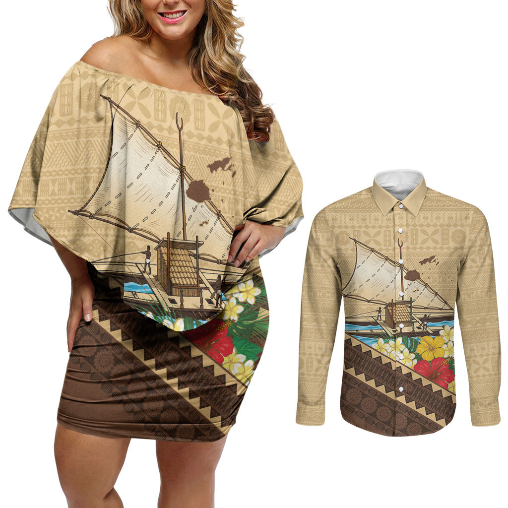 Personalised Bula Vinaka Fiji Drua Couples Matching Off Shoulder Short Dress and Long Sleeve Button Shirt Fijian Traditional Canoe Tapa Cloth Beige