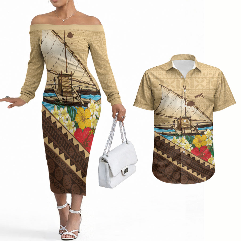 Personalised Bula Vinaka Fiji Drua Couples Matching Off The Shoulder Long Sleeve Dress and Hawaiian Shirt Fijian Traditional Canoe Tapa Cloth Beige LT14 Beige - Polynesian Pride