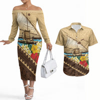 Personalised Bula Vinaka Fiji Drua Couples Matching Off The Shoulder Long Sleeve Dress and Hawaiian Shirt Fijian Traditional Canoe Tapa Cloth Beige LT14 Beige - Polynesian Pride