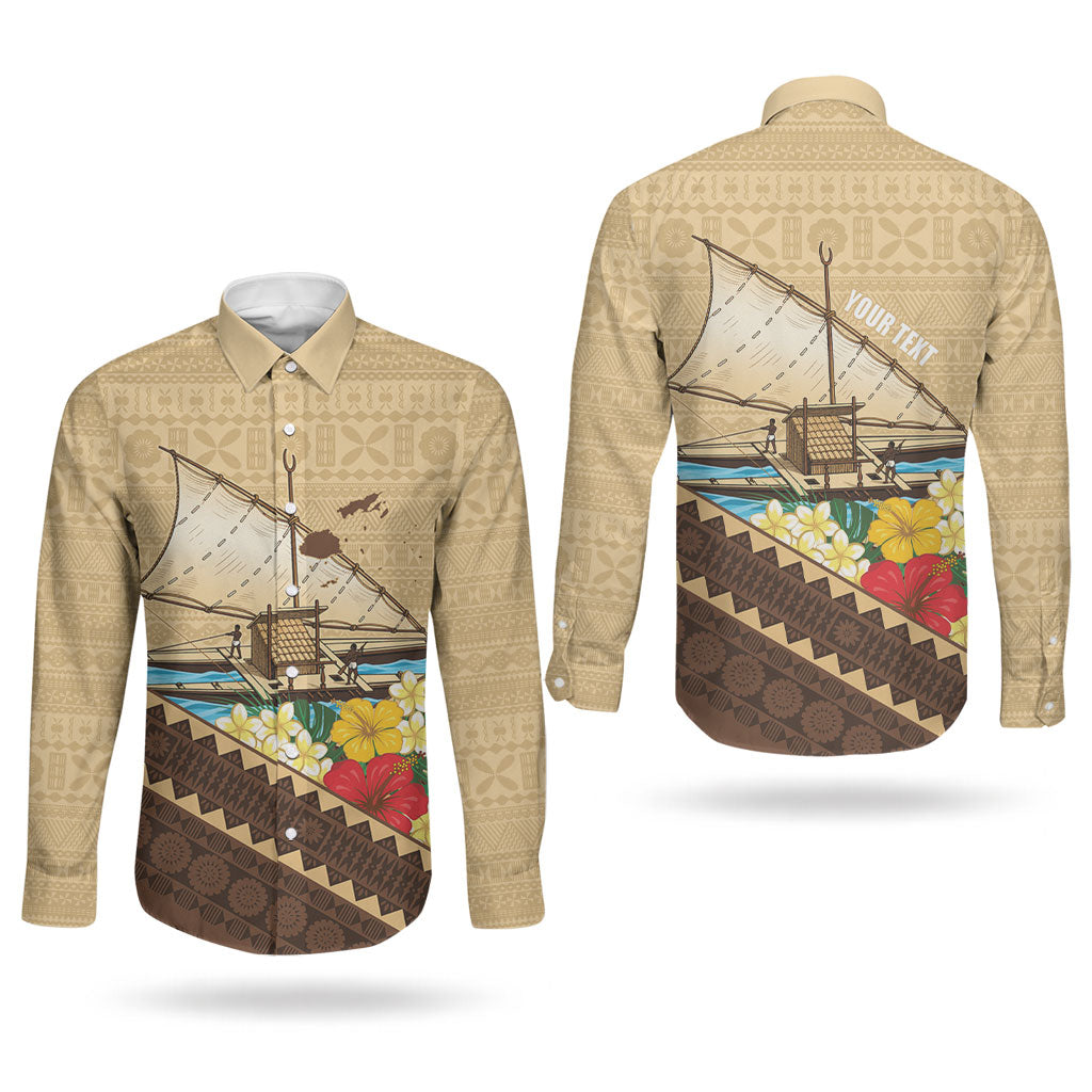 Personalised Bula Vinaka Fiji Drua Couples Matching Off The Shoulder Long Sleeve Dress and Long Sleeve Button Shirt Fijian Traditional Canoe Tapa Cloth Beige LT14 - Polynesian Pride