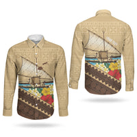 Personalised Bula Vinaka Fiji Drua Couples Matching Off The Shoulder Long Sleeve Dress and Long Sleeve Button Shirt Fijian Traditional Canoe Tapa Cloth Beige LT14 - Polynesian Pride