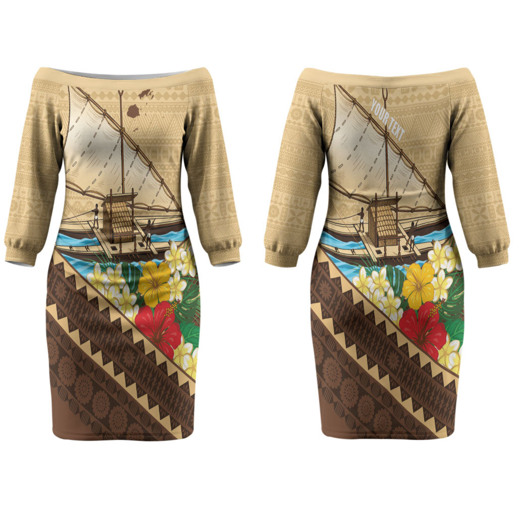 Personalised Bula Vinaka Fiji Drua Couples Matching Off The Shoulder Long Sleeve Dress and Long Sleeve Button Shirt Fijian Traditional Canoe Tapa Cloth Beige LT14 - Polynesian Pride