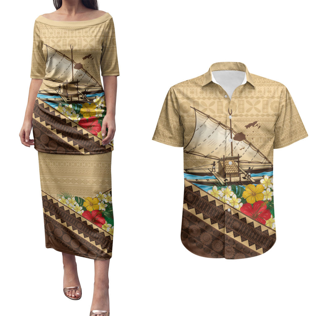 Personalised Bula Vinaka Fiji Drua Couples Matching Puletasi and Hawaiian Shirt Fijian Traditional Canoe Tapa Cloth Beige