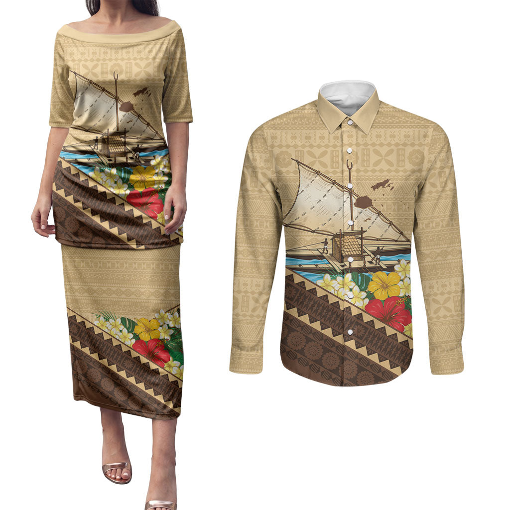 Personalised Bula Vinaka Fiji Drua Couples Matching Puletasi and Long Sleeve Button Shirt Fijian Traditional Canoe Tapa Cloth Beige