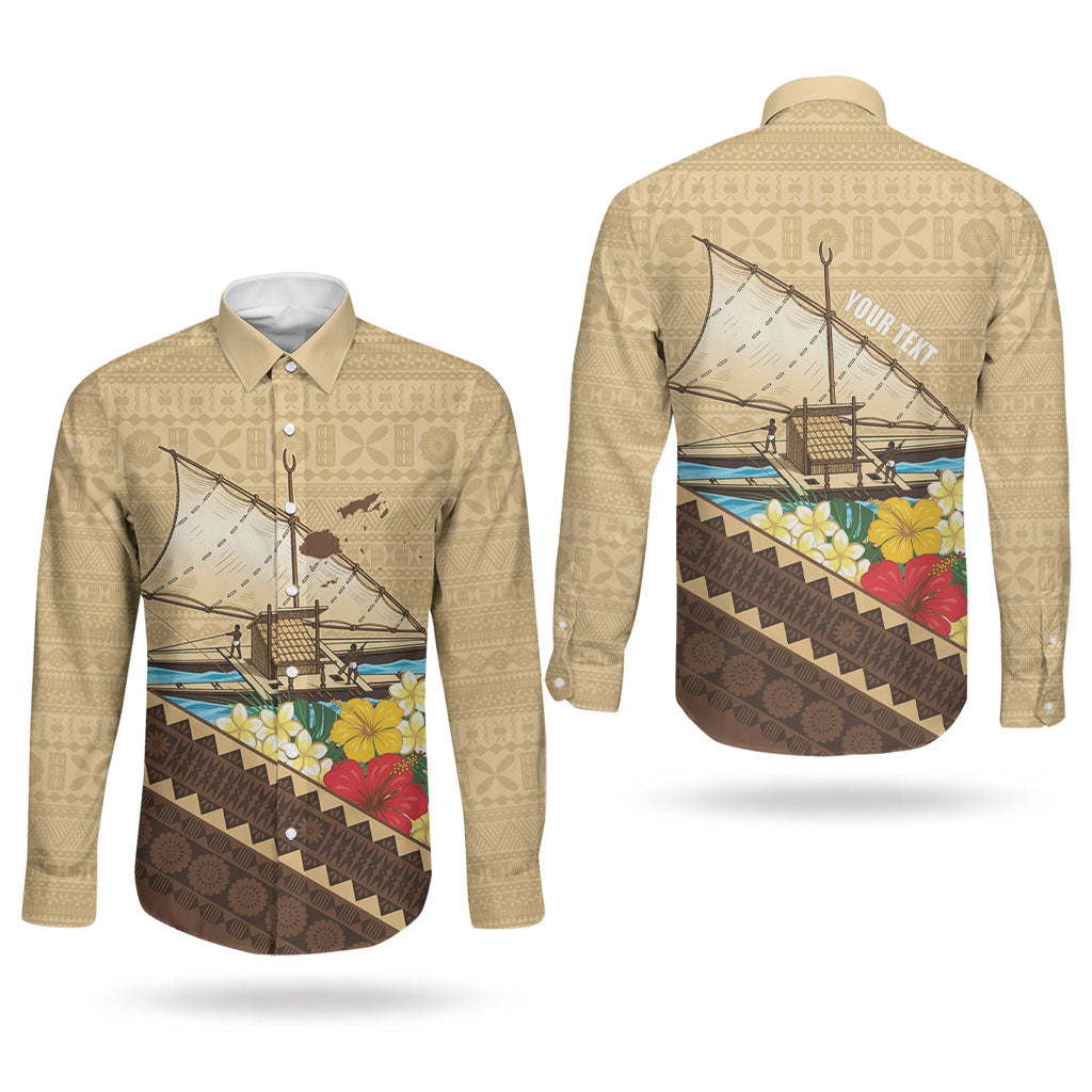 Personalised Bula Vinaka Fiji Drua Couples Matching Puletasi and Long Sleeve Button Shirt Fijian Traditional Canoe Tapa Cloth Beige LT14 - Polynesian Pride