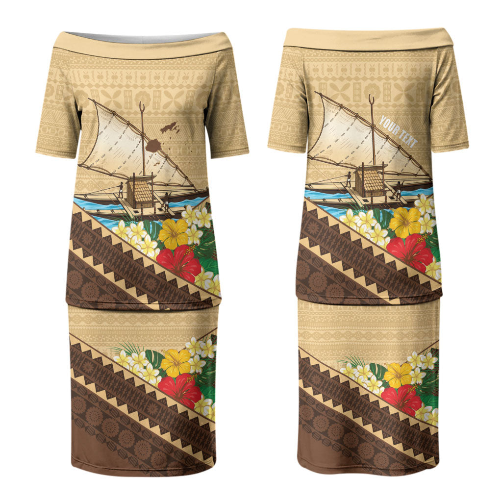 Personalised Bula Vinaka Fiji Drua Couples Matching Puletasi and Long Sleeve Button Shirt Fijian Traditional Canoe Tapa Cloth Beige LT14 - Polynesian Pride