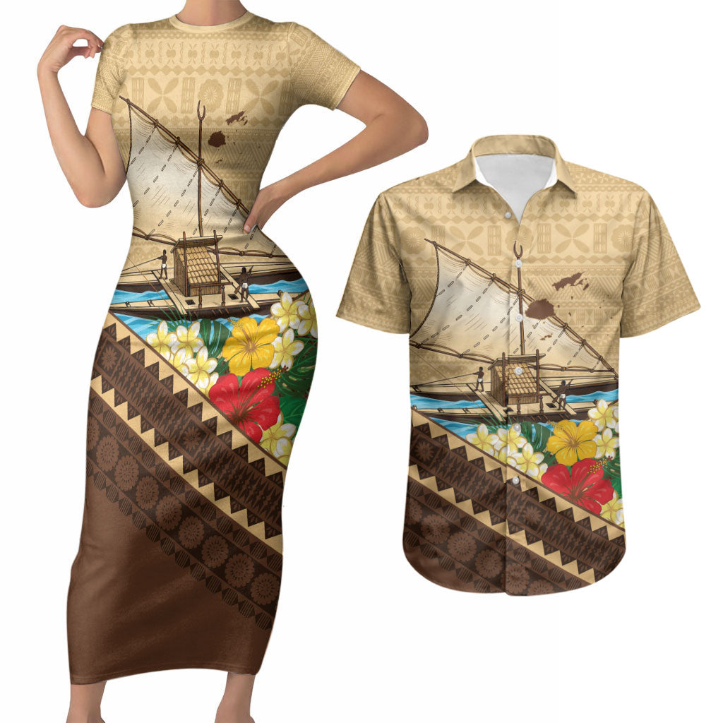 Personalised Bula Vinaka Fiji Drua Couples Matching Short Sleeve Bodycon Dress and Hawaiian Shirt Fijian Traditional Canoe Tapa Cloth Beige LT14 Beige - Polynesian Pride