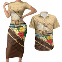 Personalised Bula Vinaka Fiji Drua Couples Matching Short Sleeve Bodycon Dress and Hawaiian Shirt Fijian Traditional Canoe Tapa Cloth Beige LT14 Beige - Polynesian Pride