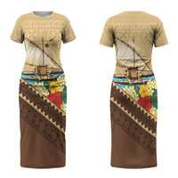 Personalised Bula Vinaka Fiji Drua Couples Matching Short Sleeve Bodycon Dress and Hawaiian Shirt Fijian Traditional Canoe Tapa Cloth Beige LT14 - Polynesian Pride