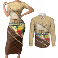 Personalised Bula Vinaka Fiji Drua Couples Matching Short Sleeve Bodycon Dress and Long Sleeve Button Shirt Fijian Traditional Canoe Tapa Cloth Beige LT14 Beige - Polynesian Pride