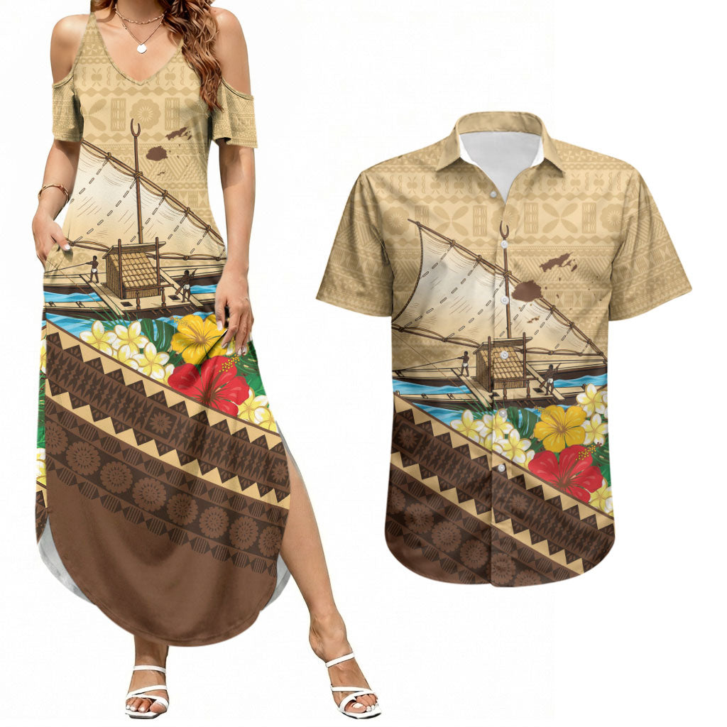 Personalised Bula Vinaka Fiji Drua Couples Matching Summer Maxi Dress and Hawaiian Shirt Fijian Traditional Canoe Tapa Cloth Beige LT14 Beige - Polynesian Pride