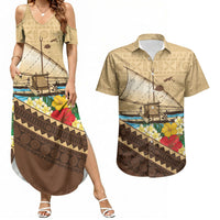 Personalised Bula Vinaka Fiji Drua Couples Matching Summer Maxi Dress and Hawaiian Shirt Fijian Traditional Canoe Tapa Cloth Beige LT14 Beige - Polynesian Pride