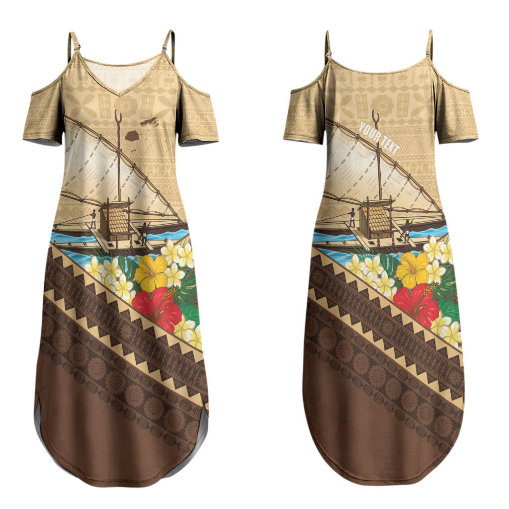 Personalised Bula Vinaka Fiji Drua Couples Matching Summer Maxi Dress and Hawaiian Shirt Fijian Traditional Canoe Tapa Cloth Beige LT14 - Polynesian Pride
