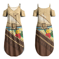 Personalised Bula Vinaka Fiji Drua Couples Matching Summer Maxi Dress and Hawaiian Shirt Fijian Traditional Canoe Tapa Cloth Beige LT14 - Polynesian Pride
