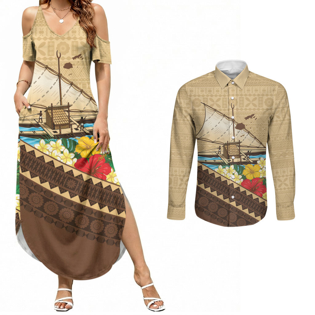 Personalised Bula Vinaka Fiji Drua Couples Matching Summer Maxi Dress and Long Sleeve Button Shirt Fijian Traditional Canoe Tapa Cloth Beige LT14 Beige - Polynesian Pride