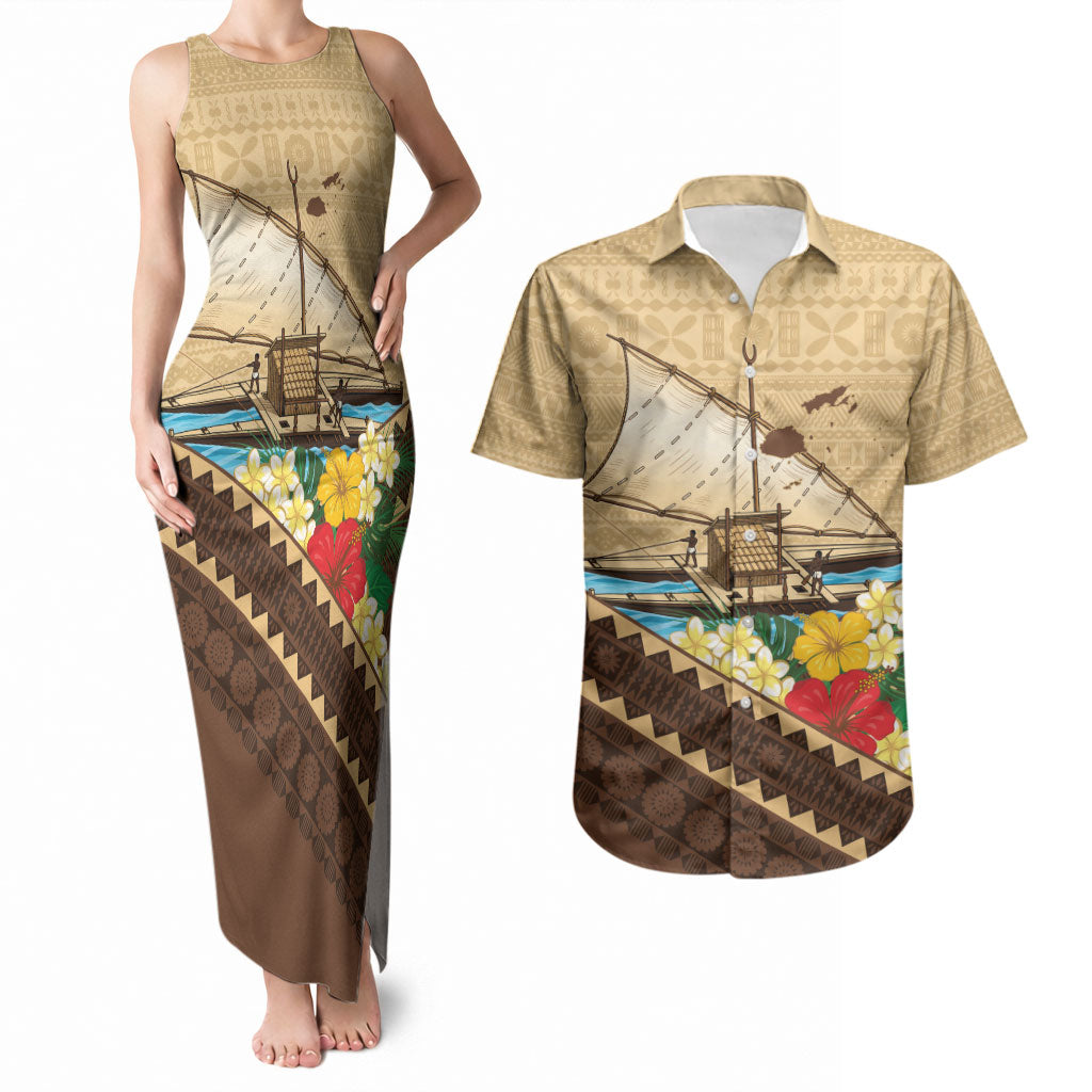 Personalised Bula Vinaka Fiji Drua Couples Matching Tank Maxi Dress and Hawaiian Shirt Fijian Traditional Canoe Tapa Cloth Beige LT14 Beige - Polynesian Pride