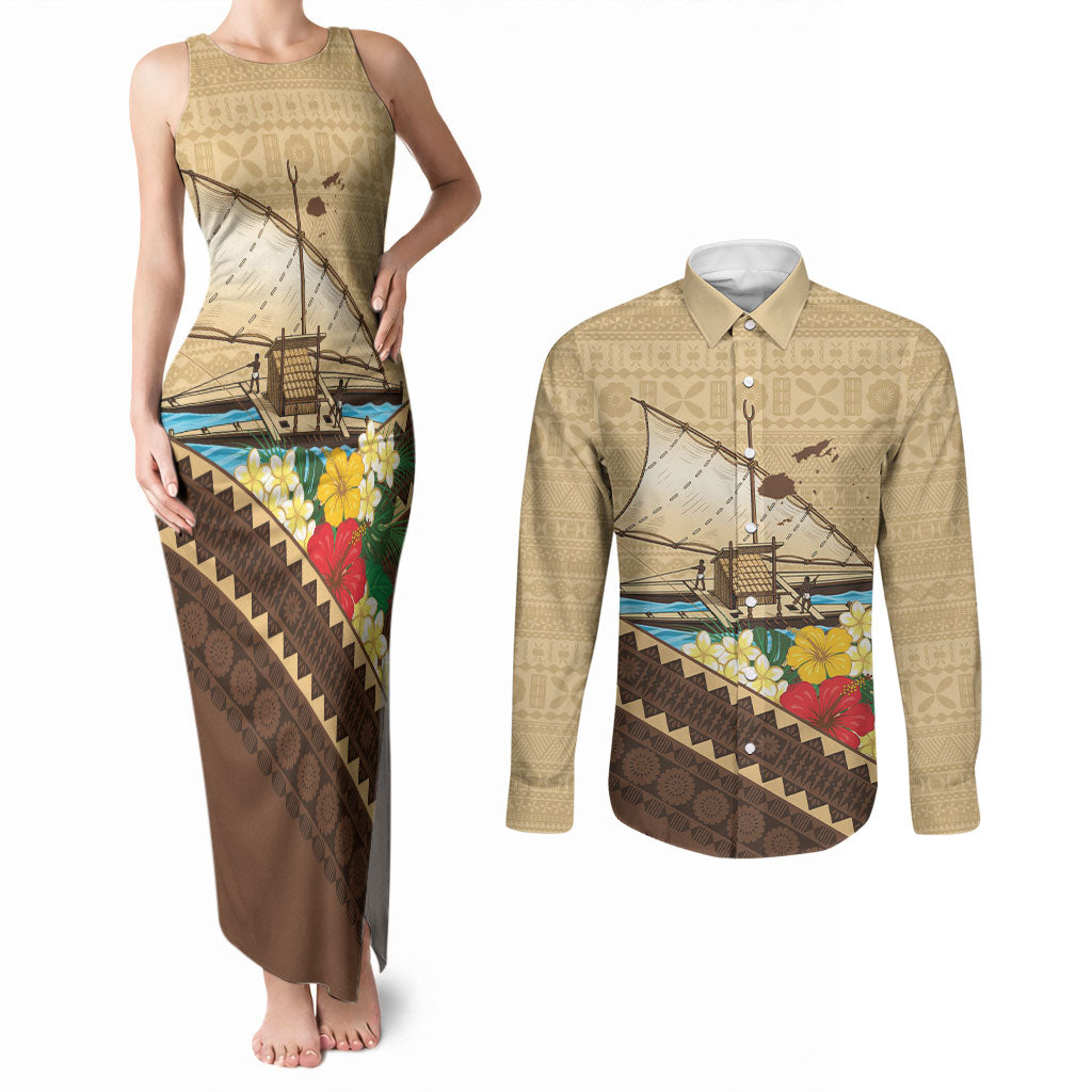 Personalised Bula Vinaka Fiji Drua Couples Matching Tank Maxi Dress and Long Sleeve Button Shirt Fijian Traditional Canoe Tapa Cloth Beige
