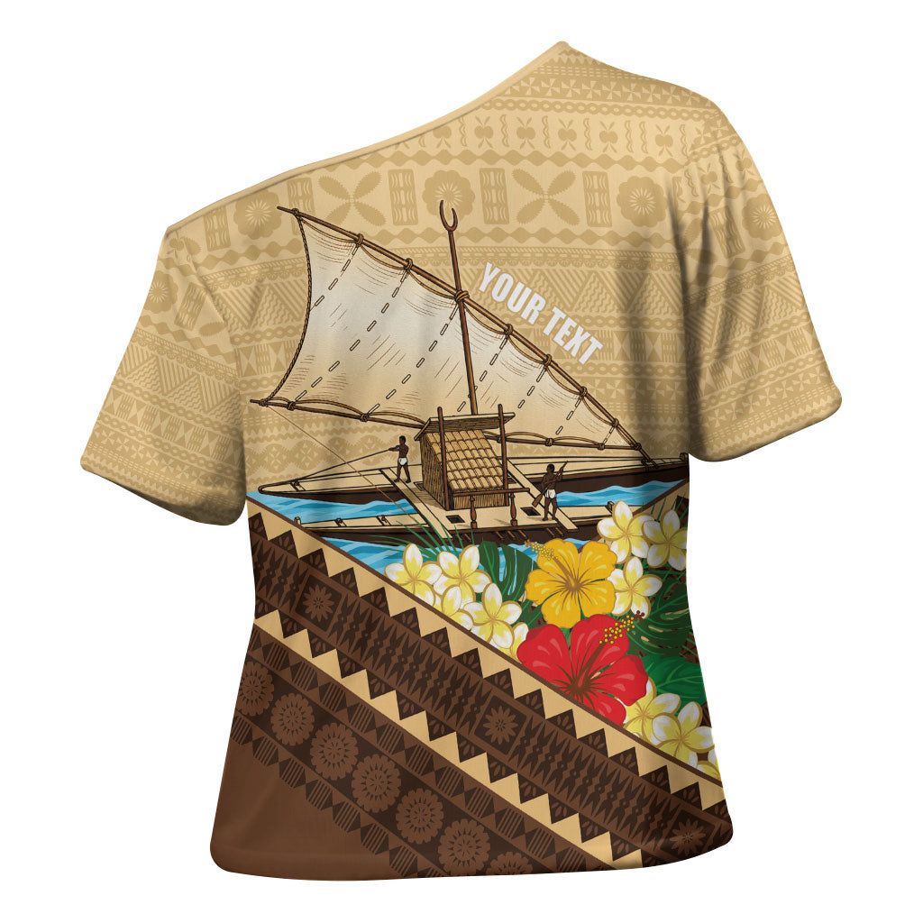 Personalised Bula Vinaka Fiji Drua Cross Shoulder Shirt Fijian Traditional Canoe Tapa Cloth Beige LT14 - Polynesian Pride