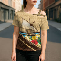 Personalised Bula Vinaka Fiji Drua Cross Shoulder Shirt Fijian Traditional Canoe Tapa Cloth Beige LT14 - Polynesian Pride