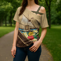 Personalised Bula Vinaka Fiji Drua Cross Shoulder Shirt Fijian Traditional Canoe Tapa Cloth Beige LT14 - Polynesian Pride