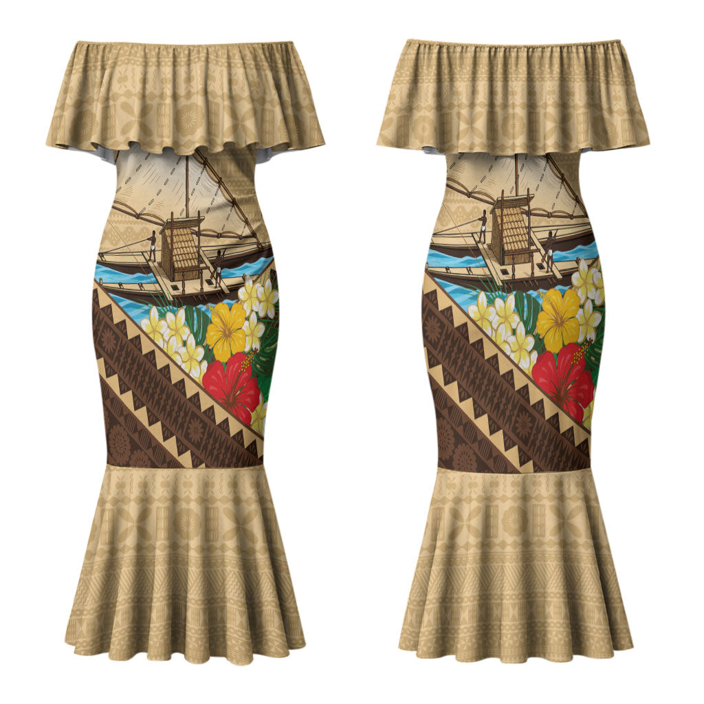 Personalised Bula Vinaka Fiji Drua Family Matching Mermaid Dress and Hawaiian Shirt Fijian Traditional Canoe Tapa Cloth Beige LT14 Mom's Dress Beige - Polynesian Pride