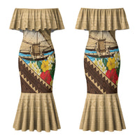 Personalised Bula Vinaka Fiji Drua Family Matching Mermaid Dress and Hawaiian Shirt Fijian Traditional Canoe Tapa Cloth Beige LT14 Mom's Dress Beige - Polynesian Pride