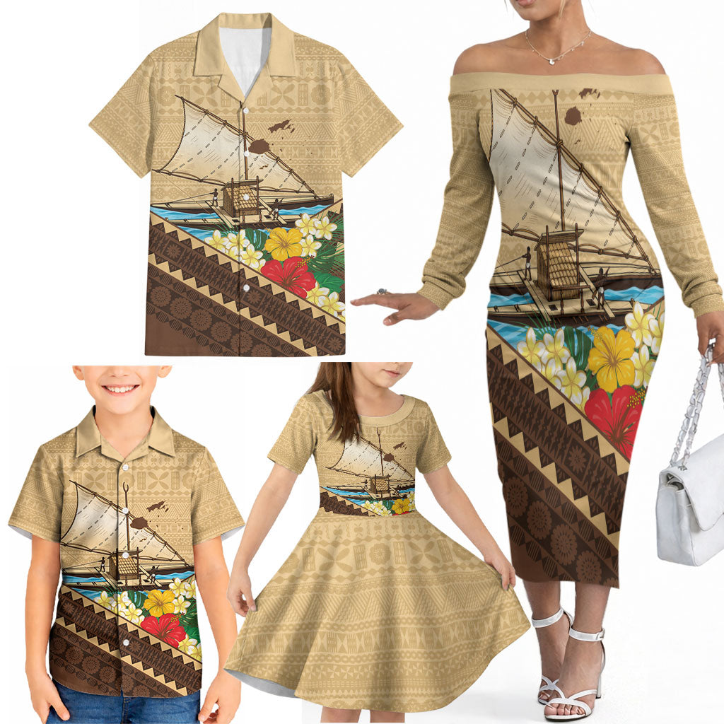 Personalised Bula Vinaka Fiji Drua Family Matching Off The Shoulder Long Sleeve Dress and Hawaiian Shirt Fijian Traditional Canoe Tapa Cloth Beige LT14 - Polynesian Pride