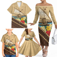 Personalised Bula Vinaka Fiji Drua Family Matching Off The Shoulder Long Sleeve Dress and Hawaiian Shirt Fijian Traditional Canoe Tapa Cloth Beige LT14 - Polynesian Pride