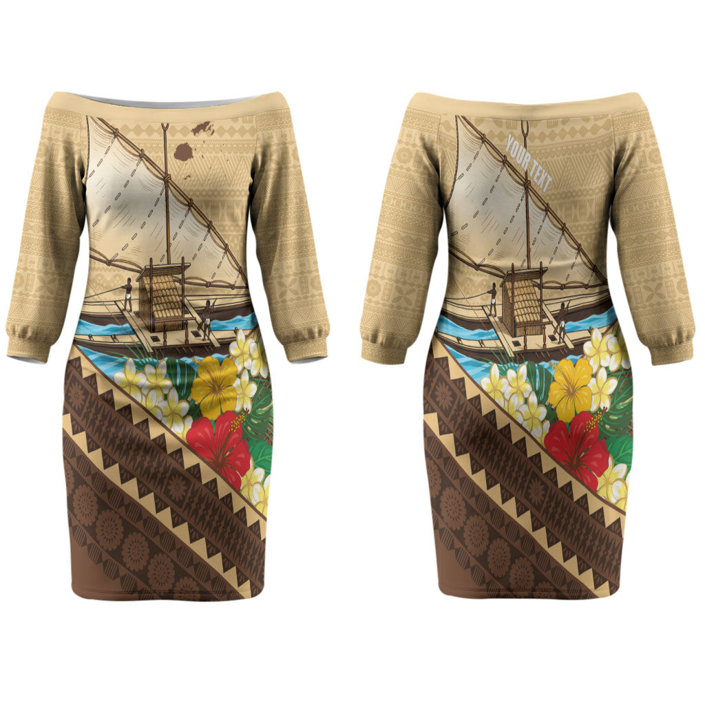 Personalised Bula Vinaka Fiji Drua Family Matching Off The Shoulder Long Sleeve Dress and Hawaiian Shirt Fijian Traditional Canoe Tapa Cloth Beige LT14 Mom's Dress Beige - Polynesian Pride
