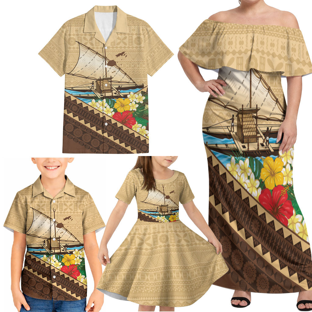 Personalised Bula Vinaka Fiji Drua Family Matching Off Shoulder Maxi Dress and Hawaiian Shirt Fijian Traditional Canoe Tapa Cloth Beige LT14 - Polynesian Pride
